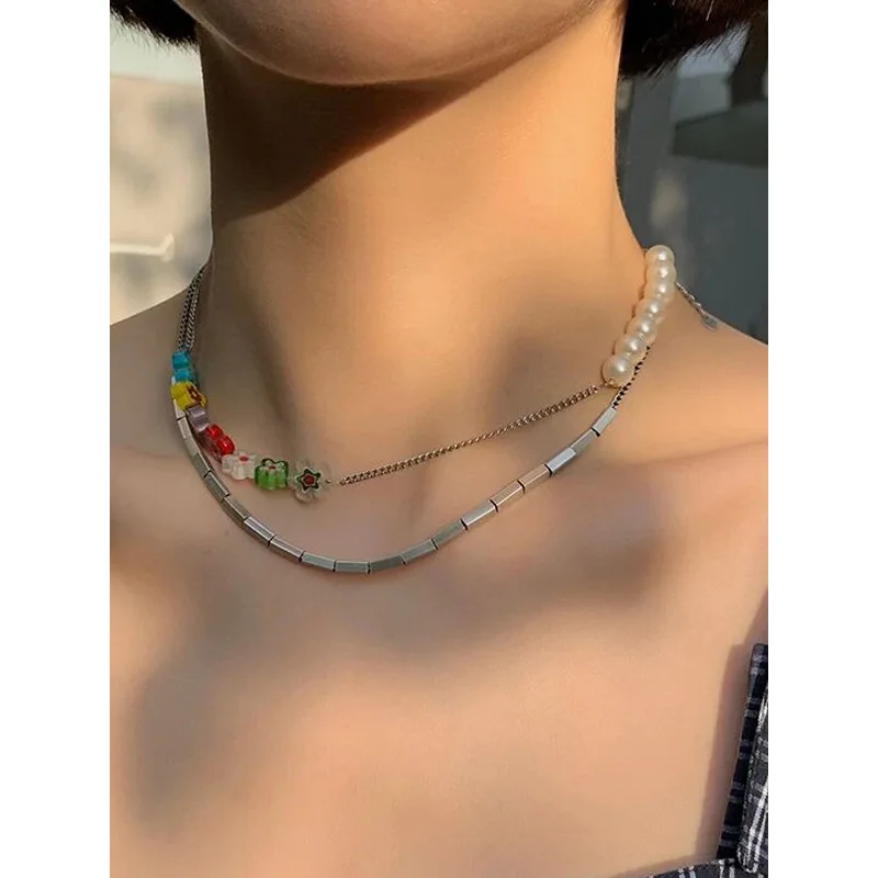 
MuXi Fashion niche design sense layered necklace colorful glass pearl necklace jewelry 