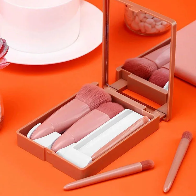Custom Logo Powder Foundation Beauty Tools Full Set 5pcs Travel Size Plastic Handle Synthetic Hair Cosmetic Tool Set With Mirror