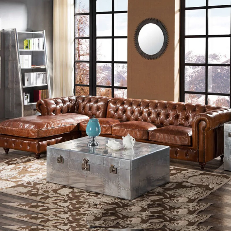 American first layer cowhide sofa set large villa furniture three people american country retro buckle sofa