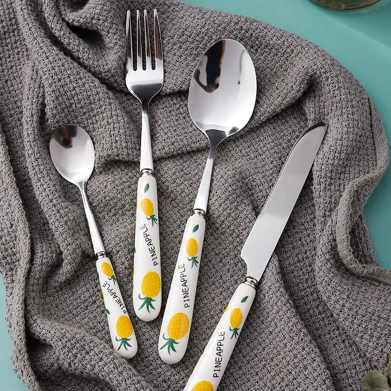 Cute Fruit Pattern Stainless Steel Coffee Food Steak   Ceramic Knife Fork and Spoon Chopsticks Western Tableware Set