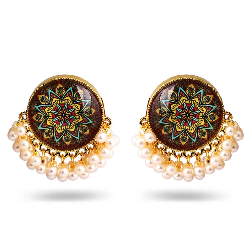 Vintage Bohemian Ethnic Carved Flower Turquoise Tassel Earrings Gypsy Party Jewelry Indian Mexican Earrings