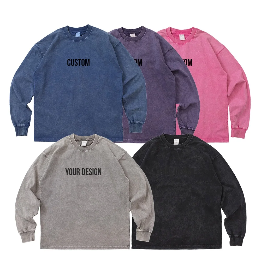 Custom Print Distressed Tshirt Wholesale Plain Vintage Washed Heavy Cotton Long Sleeve T shirt for Men