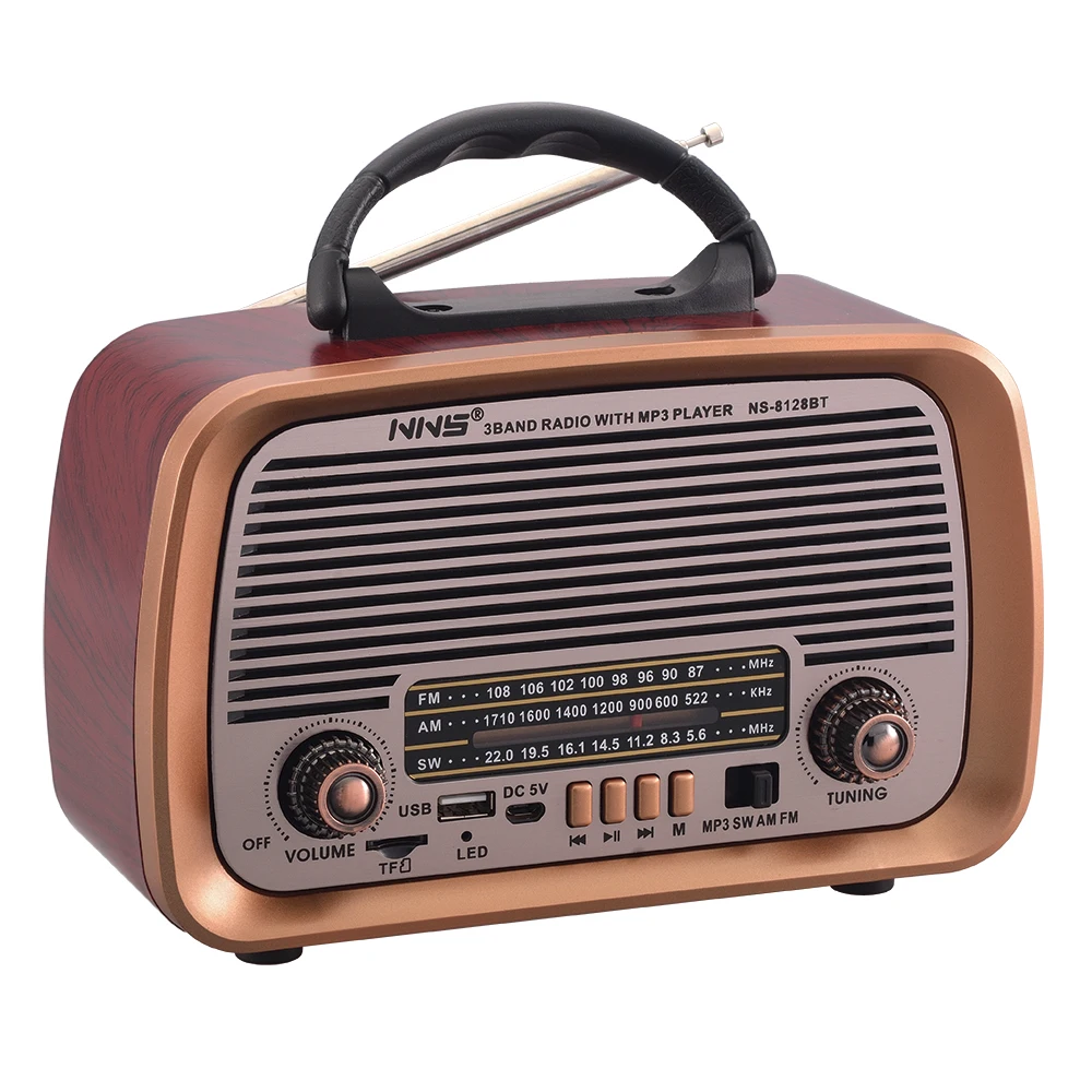 2022 Newest stereo sound wooden finish retro radio USB cable charge DC battery powered vintage usb radio NS-8128BT