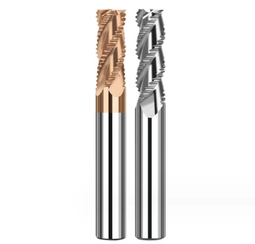 Tungsten carbide rouging end mill for steel and aluminum with coarse skin cutter