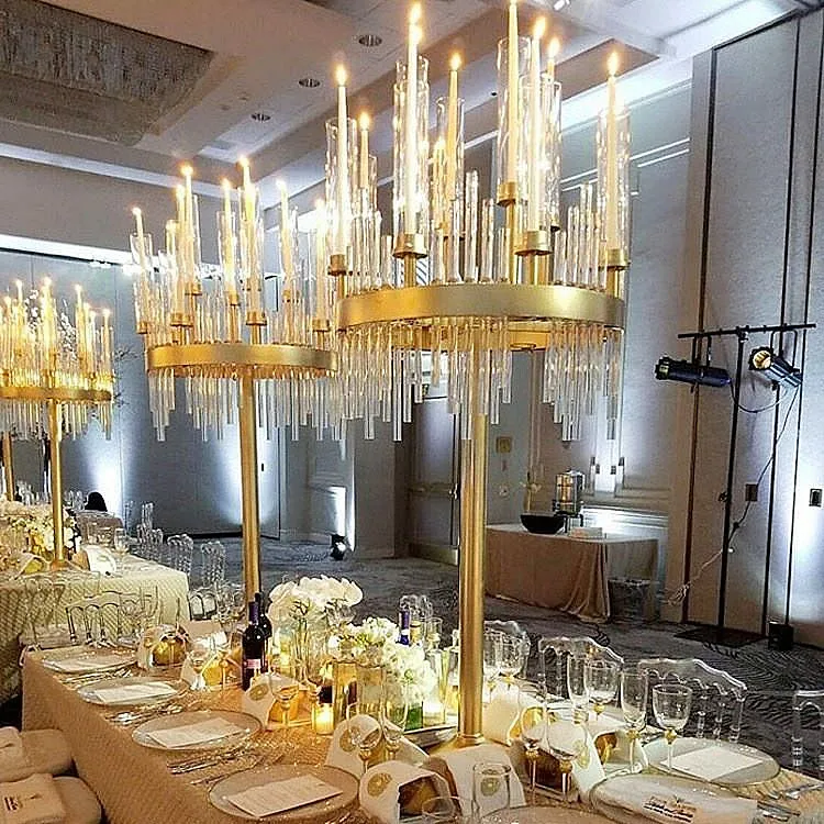 9 arms Tall Weddings Table Decoration Metal Gold Candelabra With Glass Chimney