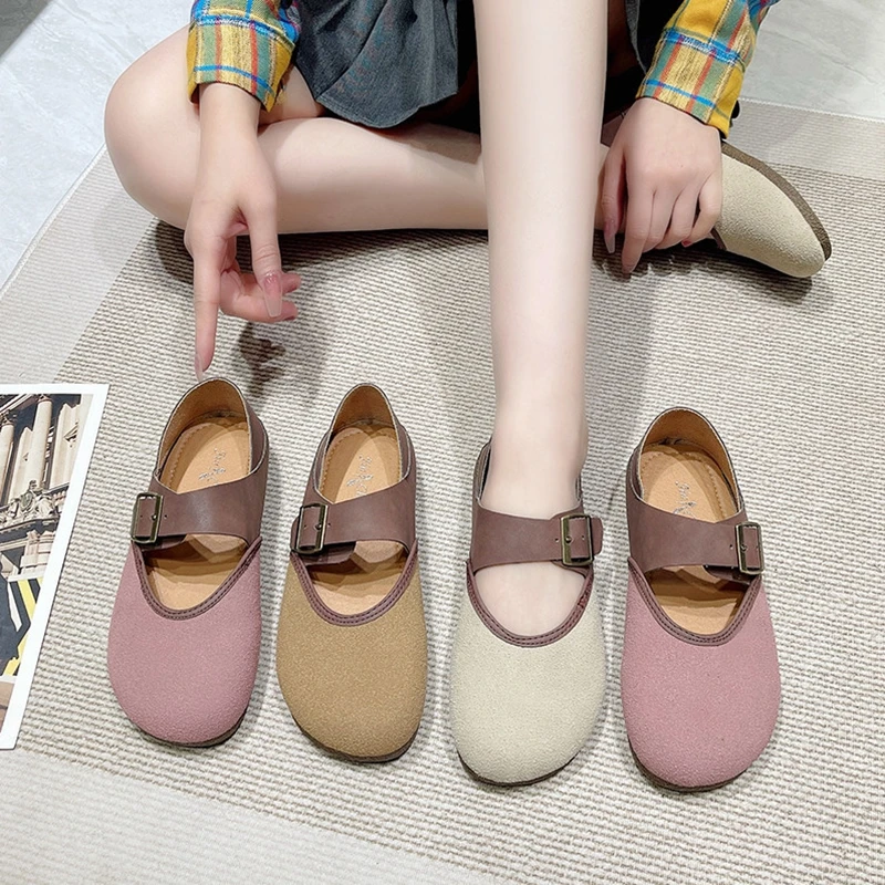 Hot Selling Girls Round Toe Soft Sole Mary Jane Shoes Women Color Blocking Flat Loafer Shoes With Buckle
