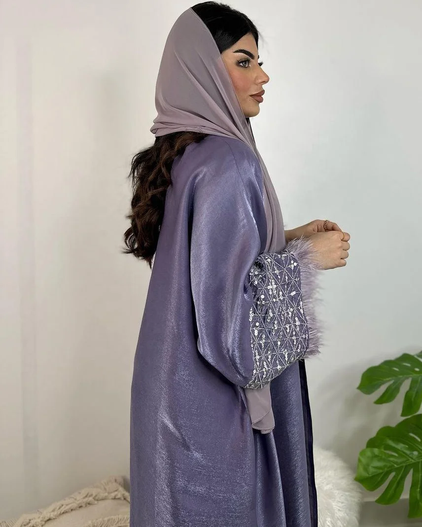 2 Piece Middle east Dubai Gulf Ramadan Shiny Luxury Embroidery Islamic Muslim Feather Abaya With Hijab