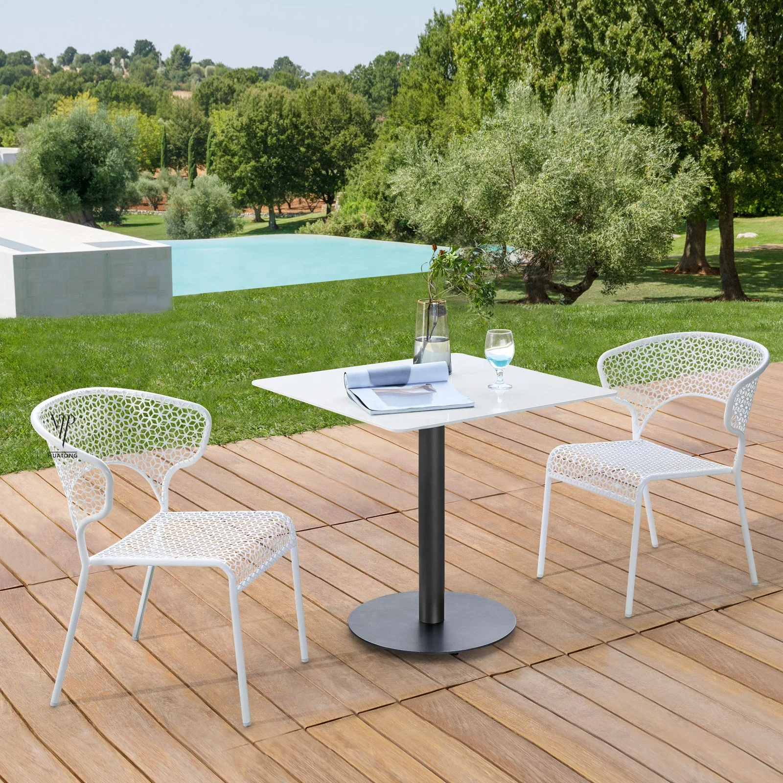 Popular metal iron Cafe Tables And mesh Chairs Bistro Commercial Outdoor Table Set