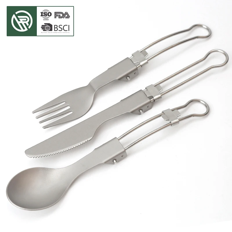 Free Sample Outdoor Pure Titanium Folding Three Pieces Set Knife And Fork Spoon Set Outdoor Camping Portable Tableware Travel