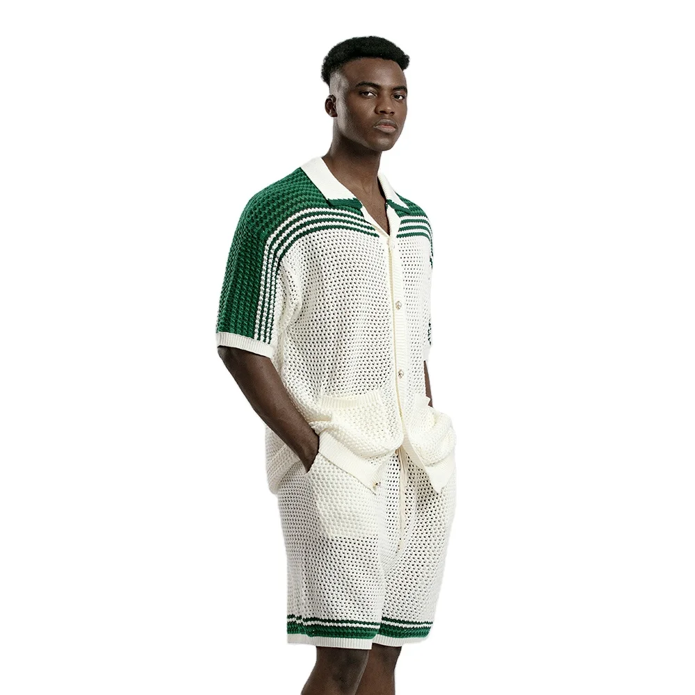 Custom men knit sweater shirt summer Hollow Out cardigan knitwear short Sleeve V-neck knitted sweater polo shirt for men