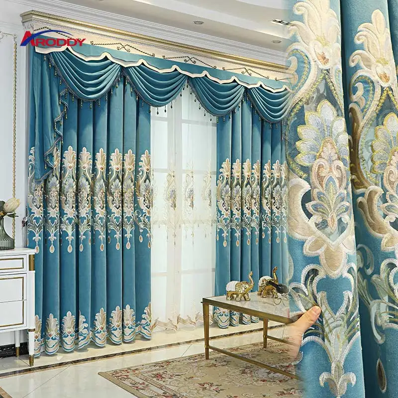 ARODDY Wholesale High End Curtain Set Cortinas Rideaux Luxury Modern Chenille Embroidery Curtains and Curtain Rod Set