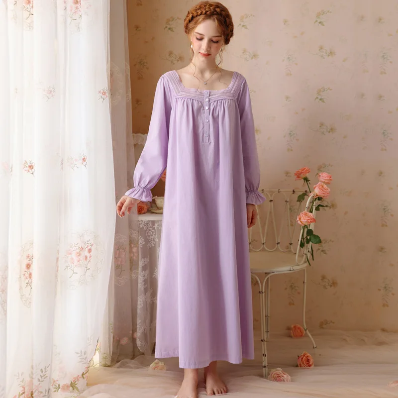 French Princess Cotton Solid Lace Nightgown for Girls New Pure Desire Style Loose Long sleeved Long Court Pajamas