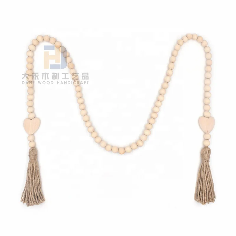 Factory Wooden Heart Shaped Natural Color Rustic Long Wood Bead Garland with Tassels for Home Decoration Wall Hanging Gift