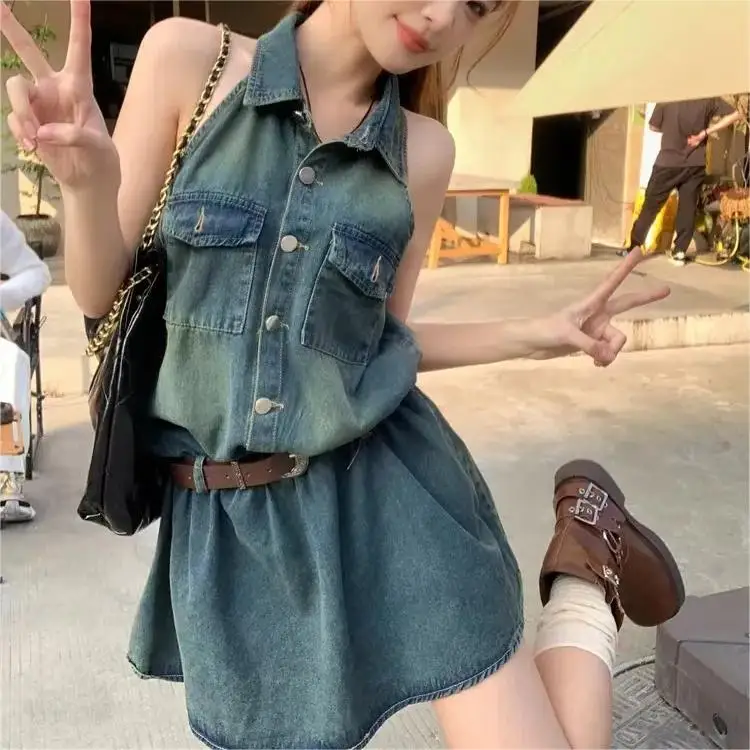 OEM Casual Solid Turn Down Collar Sleeveless Button Dresses Summer Mini Cotton Denim Flare T-Shirt Dress Women Sexy With Pockets
