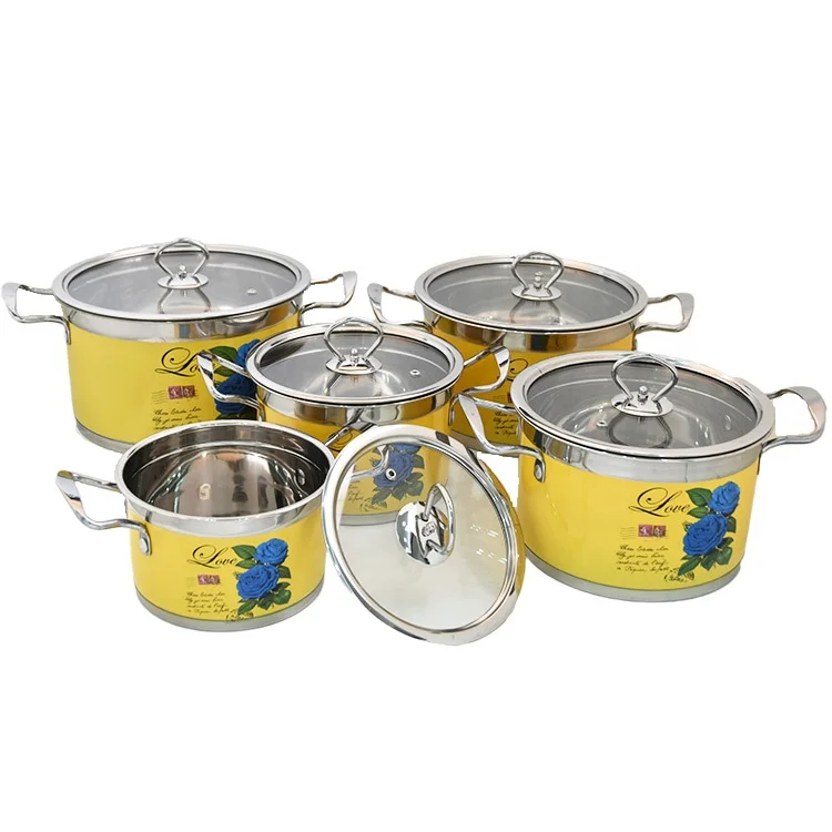 10 pcs Exquisite Yellow Print Kitchen Accessories Non Stick Cookware Set Cooking Pot With Glass Lid