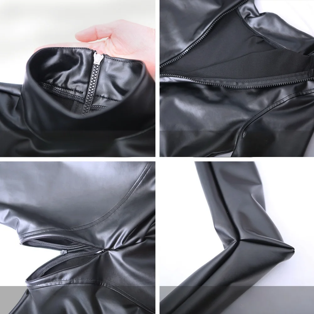 sexy corset tight mirror zipper open crotch jumpsuit leather suit pu bright bodysuit costume erotic black latex