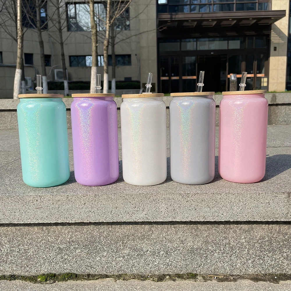 Rainbow glitter blank sublimation glass can 15oz 16oz 20oz Holographic Shimmer drinking glass For Heat Press Printing
