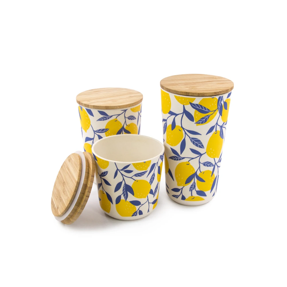 New Products biodegradable Custom pattern bamboo fiber cup storage box cereal container with bamboo lid