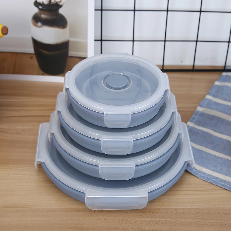 Portable outdoor travel foldable bpa free silicone microwave crisper food storage box lunch box folding bowl container