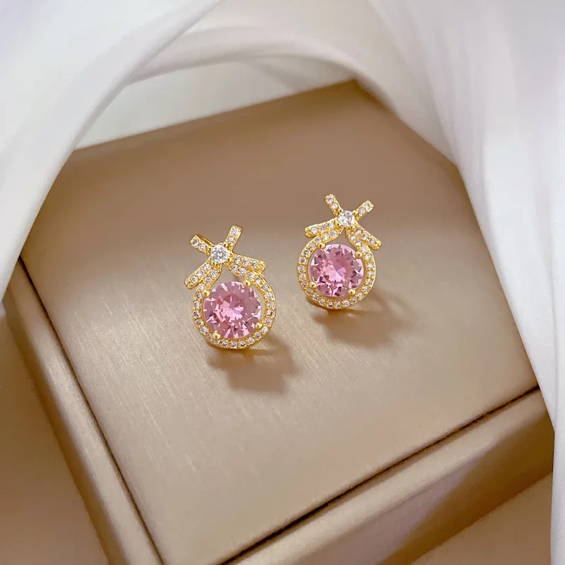 Fashion 18k Gold Plated Stainless Steel CZ Bowknot Pink Round Cut Zircon Pendant Necklace and Earring Jewelry Set for Women