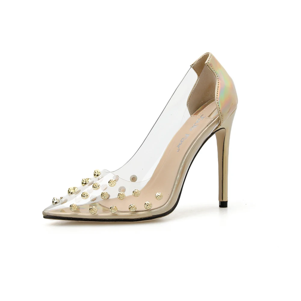 Salto American Transparent Style Rivet Decoration PVC Sexy Pumps Gold Studded High Heel Shoes 2021