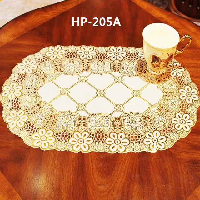 Oval /Rectangle oblong shape golden pvc lace placemats pvc dining table mat doilies 30*46 cm