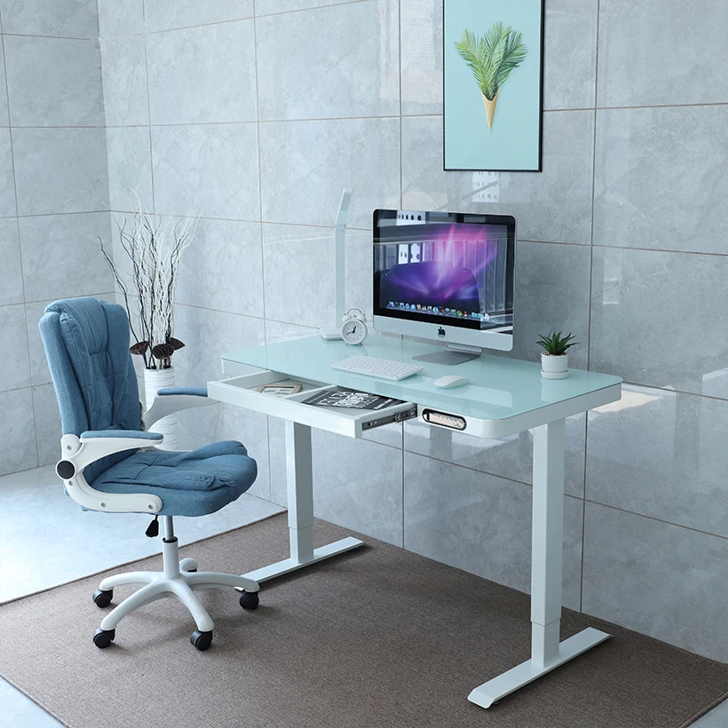 Nate Elegant Workspace Low Noise Tempered Glass Display Table Steel Computer Desk USB Ports-Ergonomic
