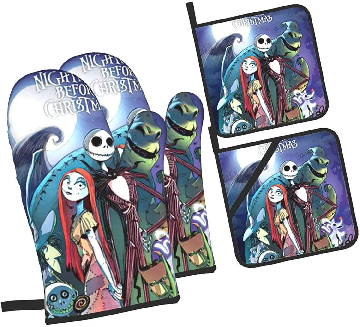 Waterpoof Oven Mitts And Pot Holders Sets The Nightmare Before Christmas With Lanyard High Heat Resistant Soft Cotton