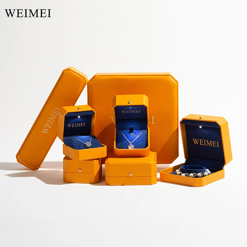 WEIMEI Jewelry Box Factory Luxury octagonal orange pu leather package custom ring earring diamond light jewelry box with light