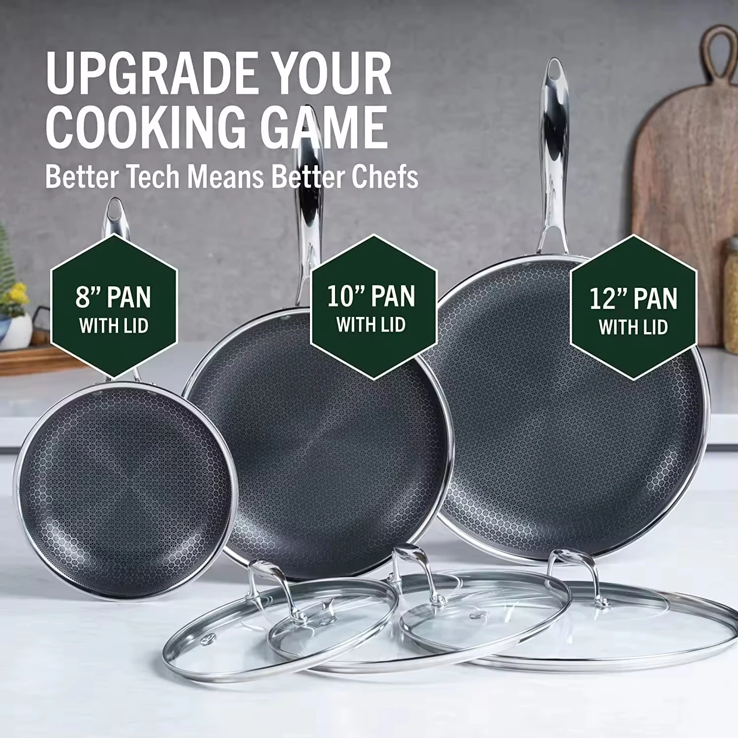 HexClad Hybrid Nonstick 6-Piece Fry Pan Set with Tempered Glass Lids Stay-Cool Handles Dishwasher and Oven Safe Induction Ready