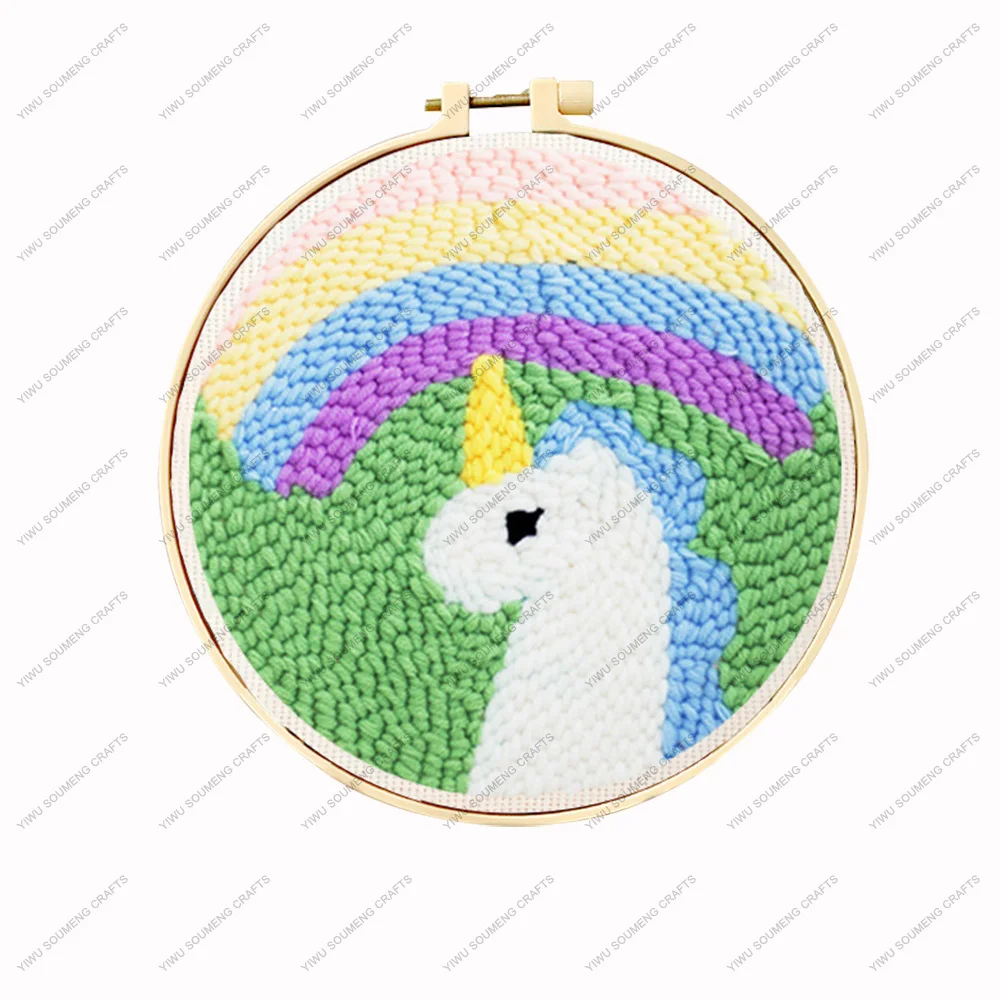 Handmade Rainbow Unicorn Poke Embroidery DIY Cross Stitch Poke Embroidery Hoop Punch Needle Embroidery Kit For Beginners