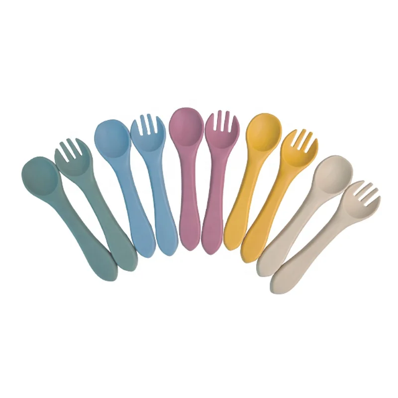 OEM Reusable Mini Children Long Handle BPA Free Kids Dining 100% Feeding Baby Silicone Fork And Spoon Set