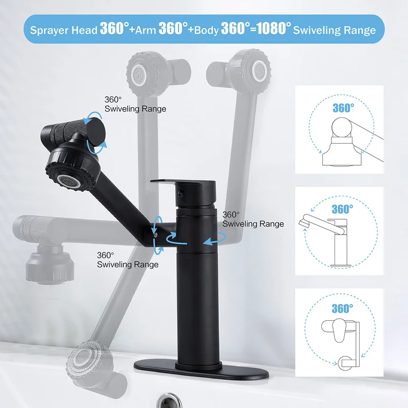 1 or 3 Hole Matte Black Lavatory Faucet 360 Degree Swivel Sink Faucet for Bathroom Single Handle Bathroom Basin Faucet