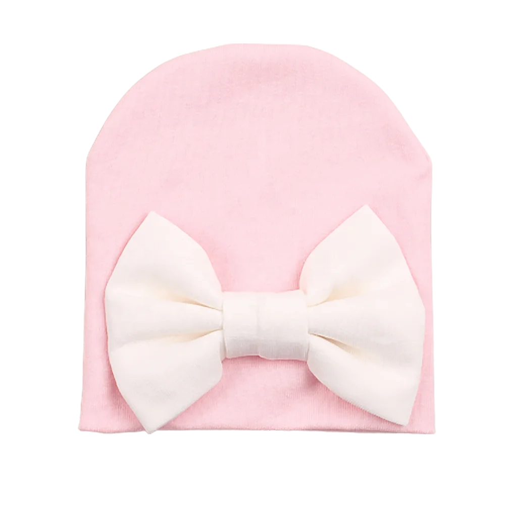 Custom Wholesale Newborn Baby White Bow Beanie Colorful 100% Cotton Toddler Girls Hat Winter Warm Infant Hat Autumn