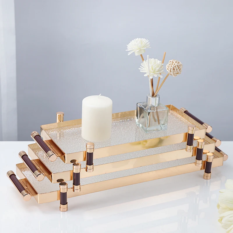 New Arrival Rectangle Metal Glass Mirror Decorative Trays Home Tiered Tray Decor