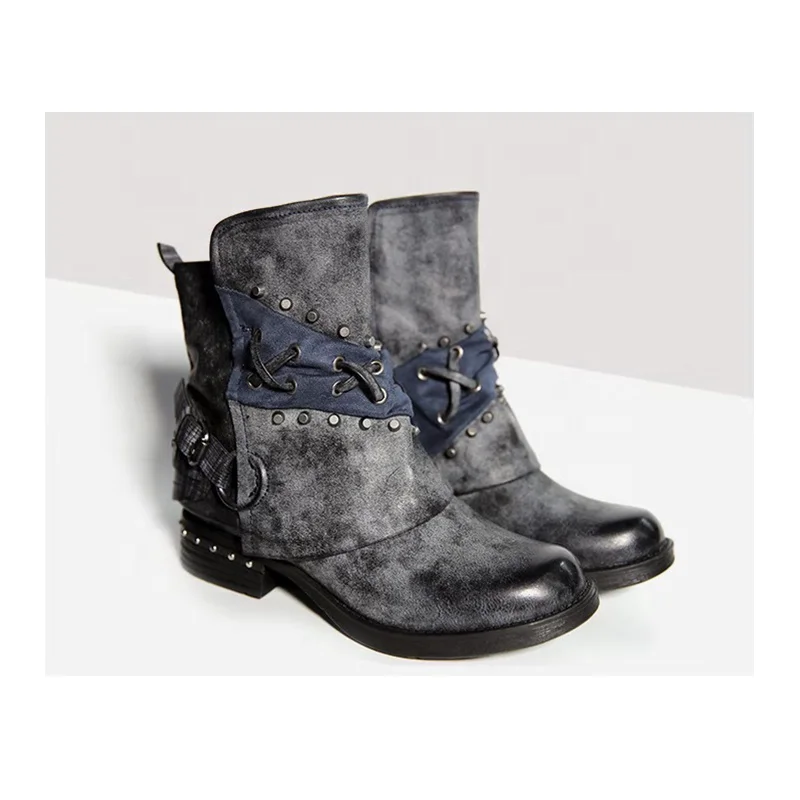 Hot Selling Autumn Winter Black Round Toe Retro Pumps Shoes European Style Rivet Low Heel Slip On Casual Women Ankle Boots