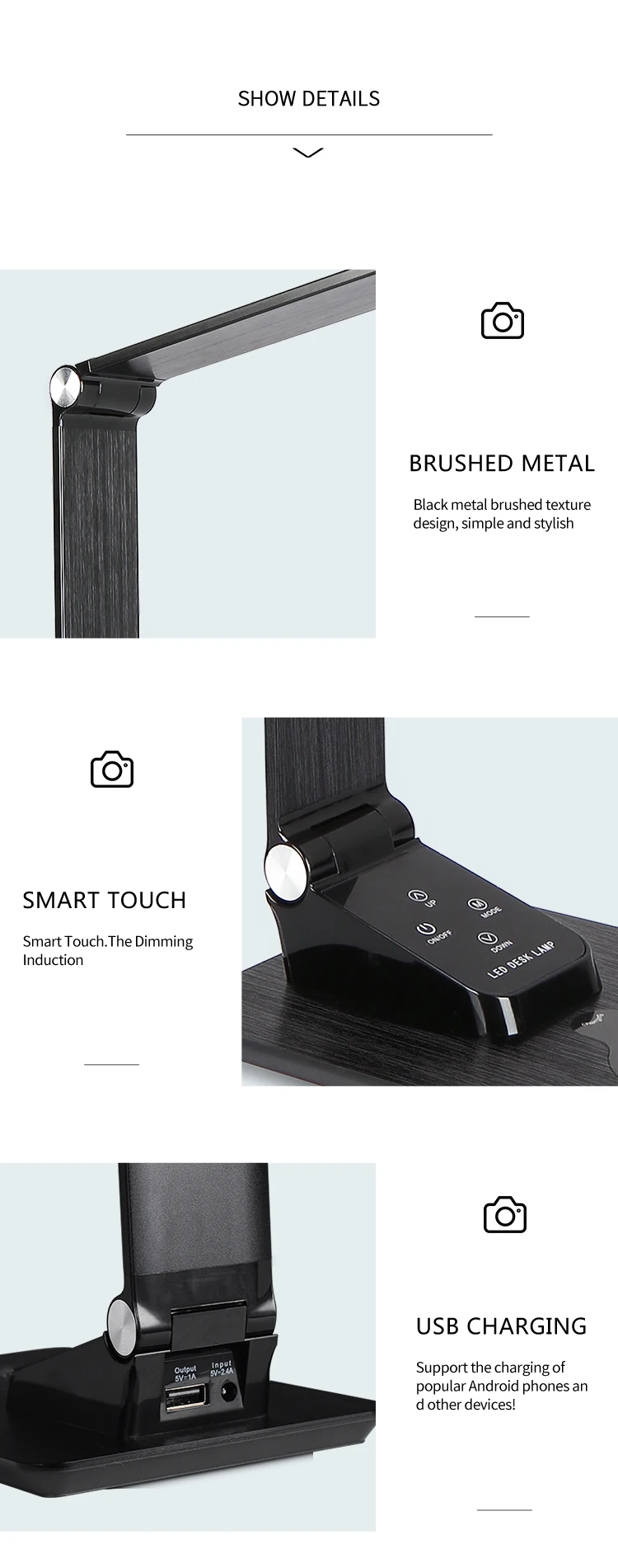 luxury metal smart Dimmable office reading desktop desk table lamp with 15w fast Mobile phone wireless charging