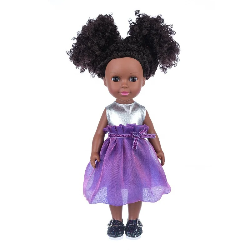 Fashion wholesale 14 inch vinyl soothing curly hair doll black skin short hair gauze skirt change cute girl toy unisexes gift