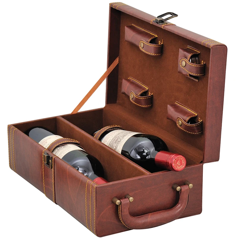 Custom Wood Grain Leather Sublimation Blank 2 Bottle Wine Bottle Gift Packing Box with Axxessories