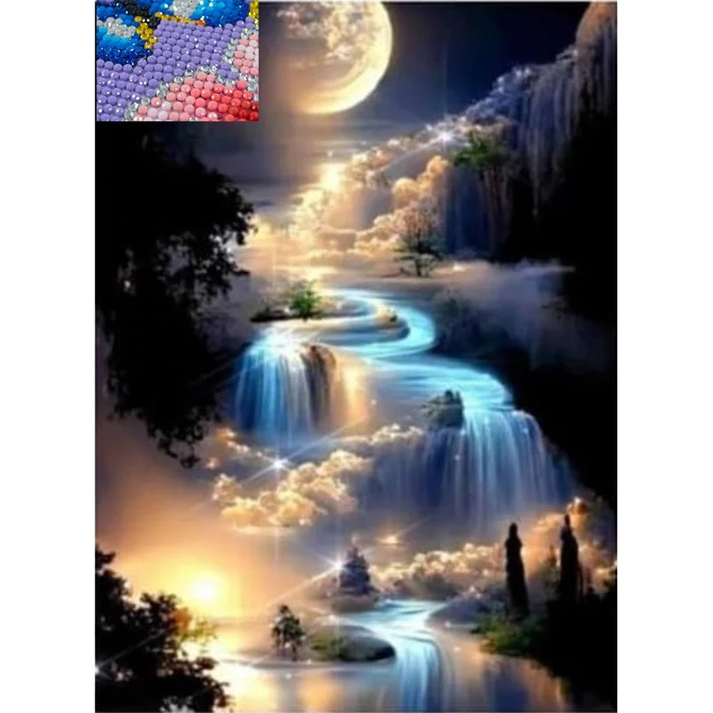 Waterfall Full Drill Diamond Painting Diamond Art Kit Round Dots Beads Mosaic Art Painting