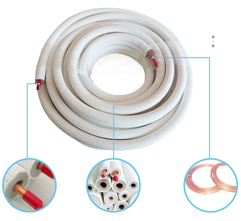 Jiahao In Stock 1/4 3/8 1/2 5/8 15m 50ft White Black PE Embossed Insulated Double Coil Copper Pipe Line Set For HVAC USA