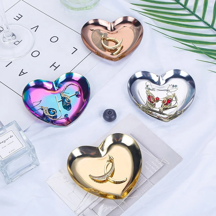 Ins Popular Rose Gold Colorful Metal Stainless Steel Plate Mini Heart Shaped Jewelry Packaging Trays