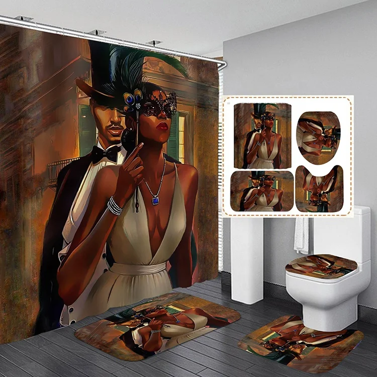 African Strong Man Sexy Girl Lovers 4 pcs Bath Mats Men Bathroom Sets Shower Curtain with Non Slip Rugs Toilet Lid Cover