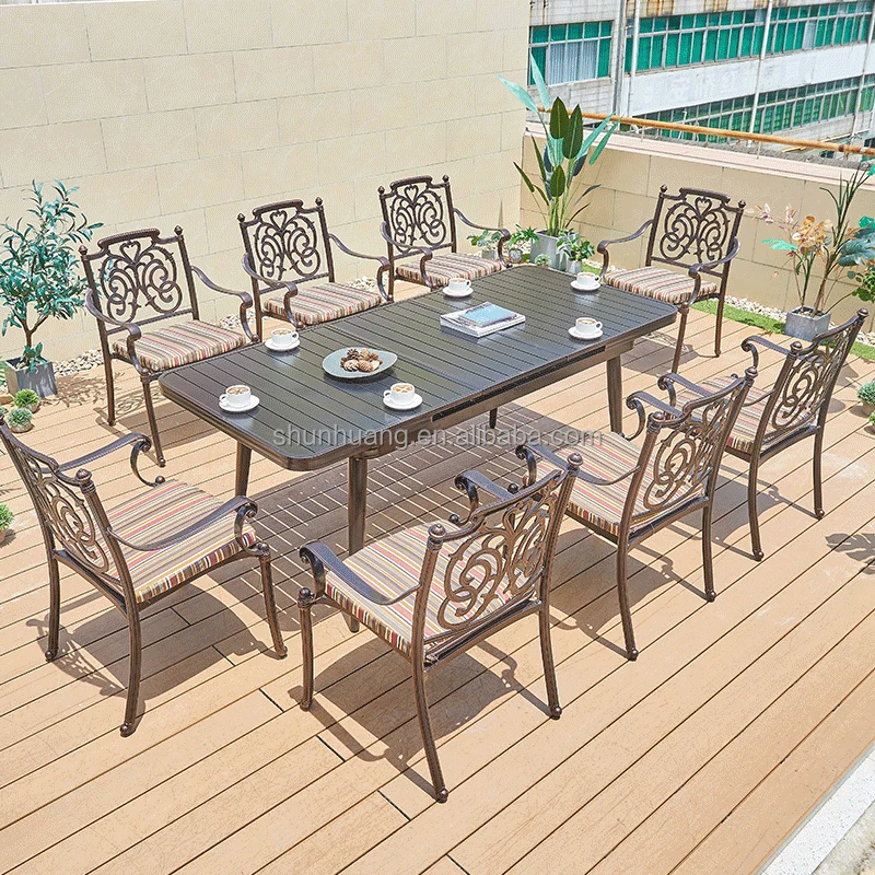 Hot selling outdoor  garden metal chair long table set with side table furniture  patio   iron dining Set for 8 seaters