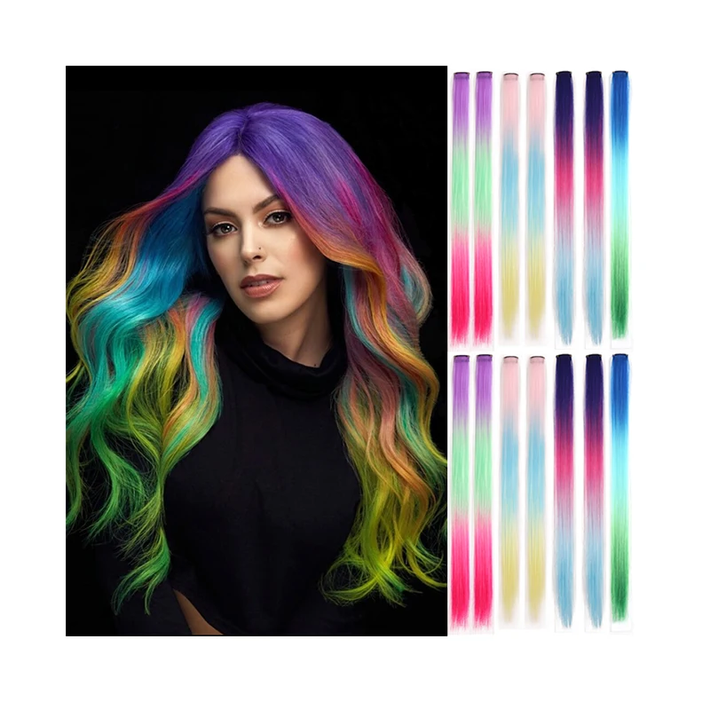 Hot Selling Colorful Rainbow Straight Hairpieces Cosplay Dress Up Party  Colored Clip in Hair Extensions