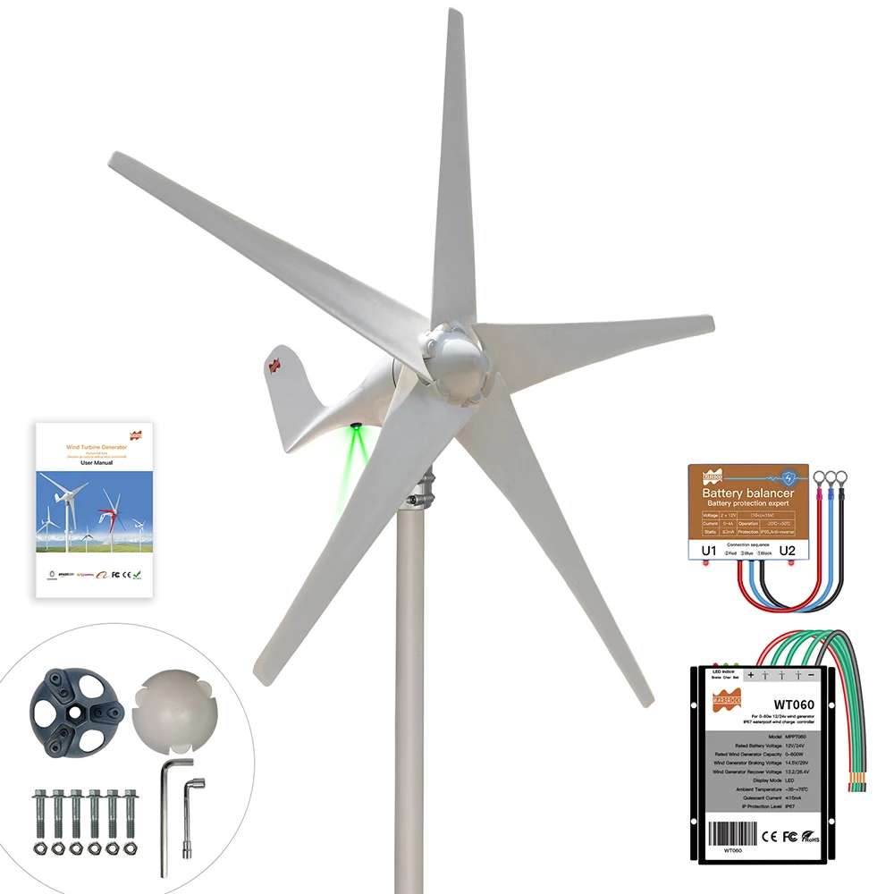 600W 12V/24V 5 Blades Horizontal Axis Wind Turbine for Home PMG Silent Wind Turbine Wind Turbine Generator