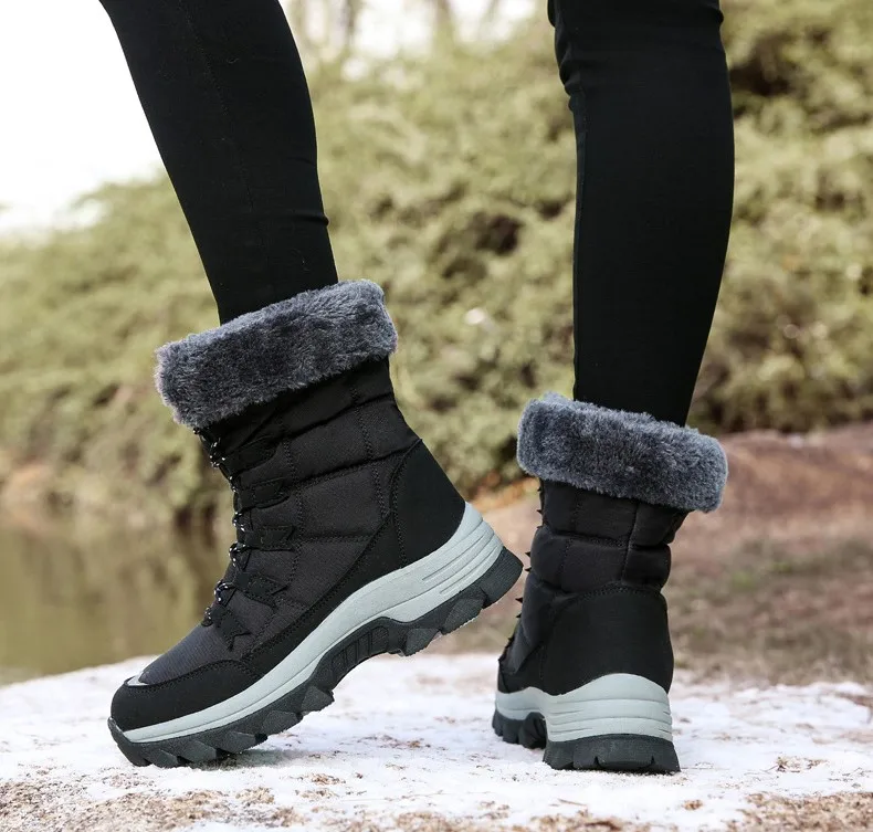 New Style Solid Color Plush Warm Waterproof Snow Boots Fashion Lace Up Outdoor Casual Winter Boots For Women