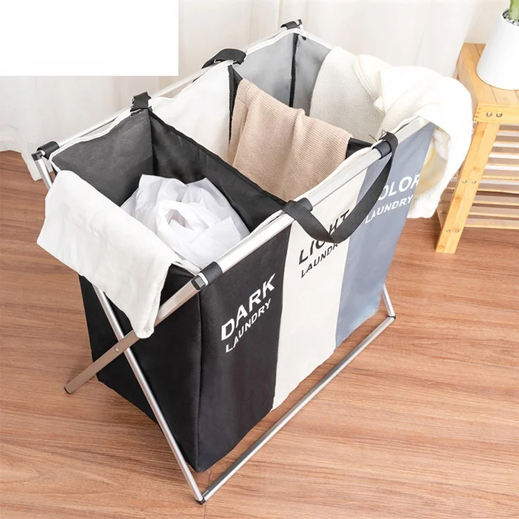 Black Gray Dirty Clothes Washing Storage Laundry Hamper 3 Compartments For Dorm Room