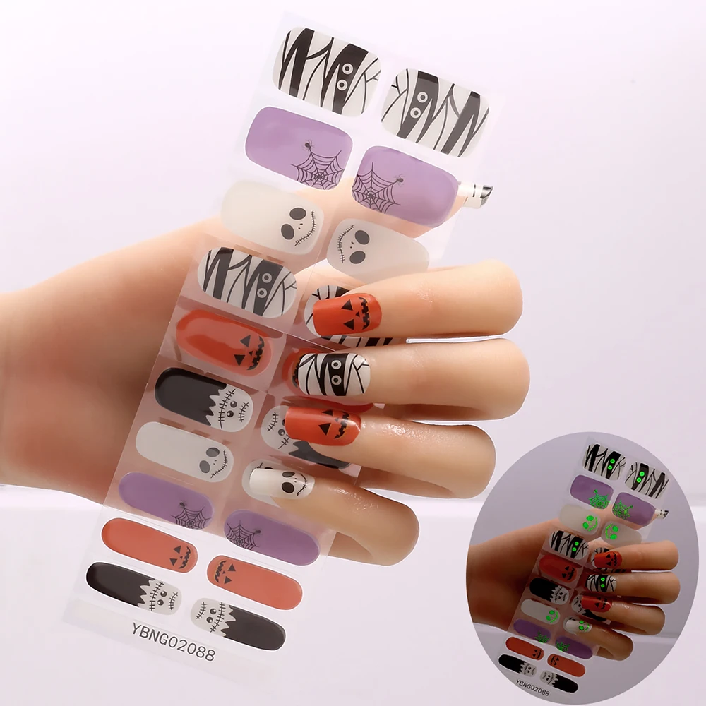 BIN Halloween Style UV Semi-cured Gel Nail Wraps Full Cover Nail Art Stickers 20pcs Gel Strips