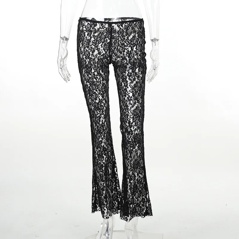 PDEP 2023 spring and  autumn Neck Lace Long Sleeve Mesh Top High Waist Sexy Micro-transparent Straight Pants 2 piece set women